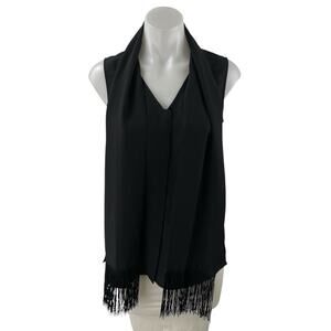 Cabi Women's Black Sleeveless Scarf Shawl Fringe V Neck Tank Blouse Top Size XS